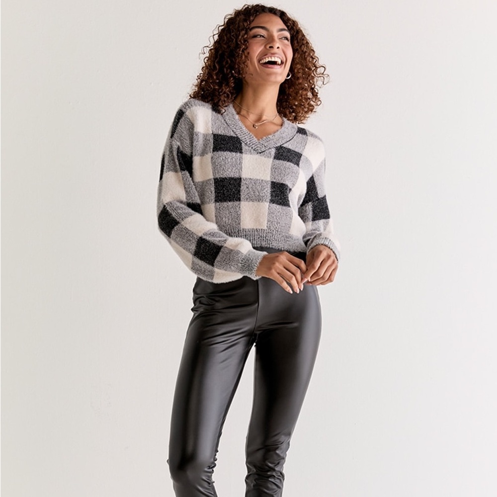 Francesca's Dolores Fuzzy Check Pullover Sweater